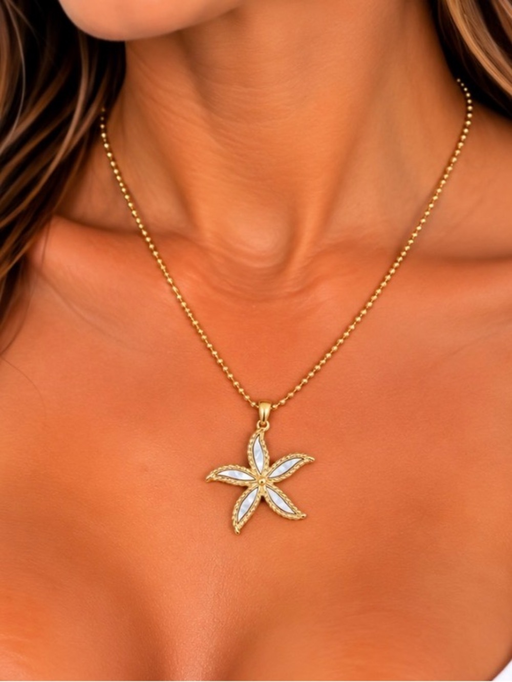 Gold Starfish Pendant Necklace with Aqua Inlay - Women Jewelry